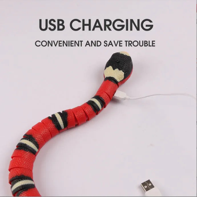 Interactive electric induction snake cat toy with flashing eyes and retractable tongue, USB rechargeable, in snake colour