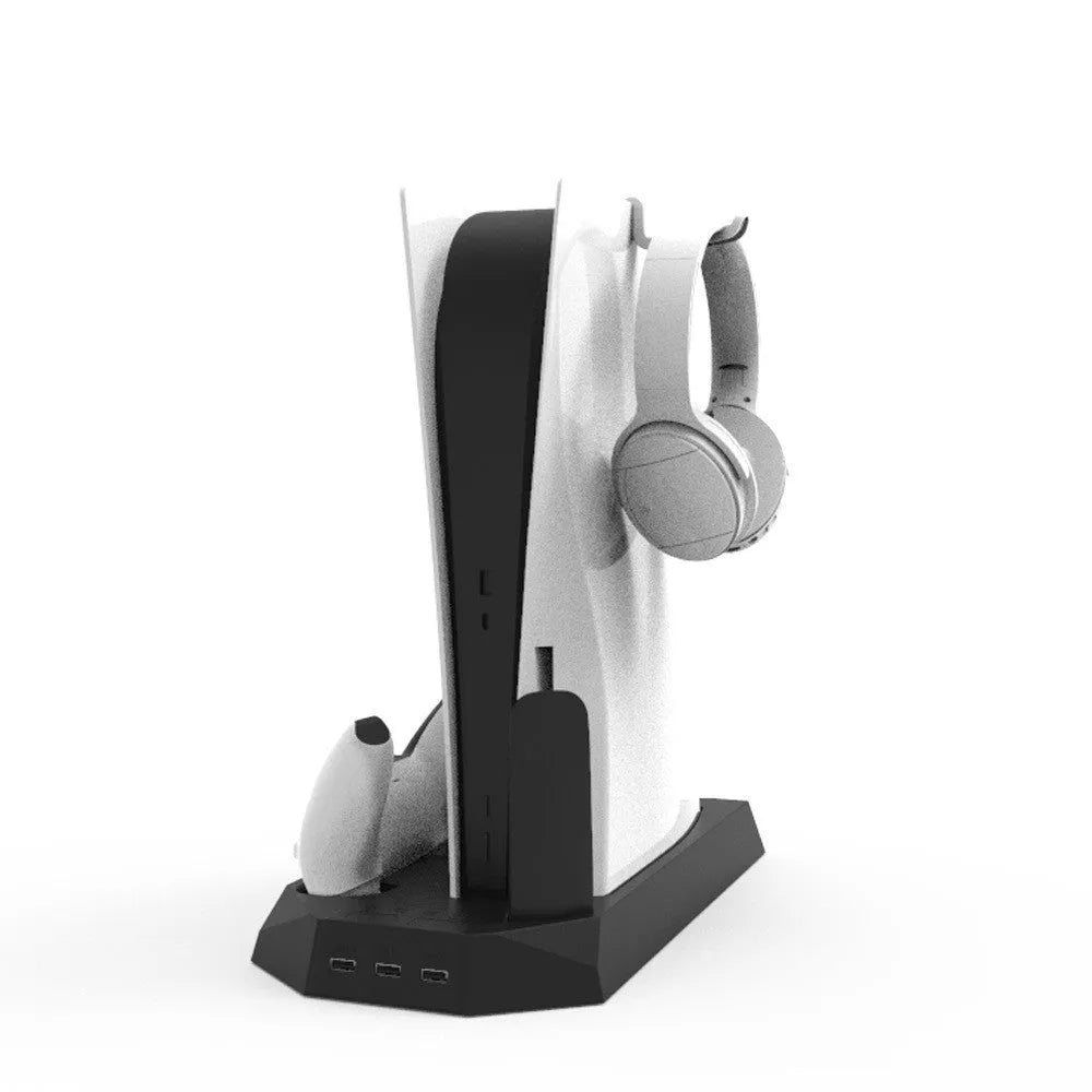 PS5 charging base radiator in black showing controller charging ports and console cooling fins