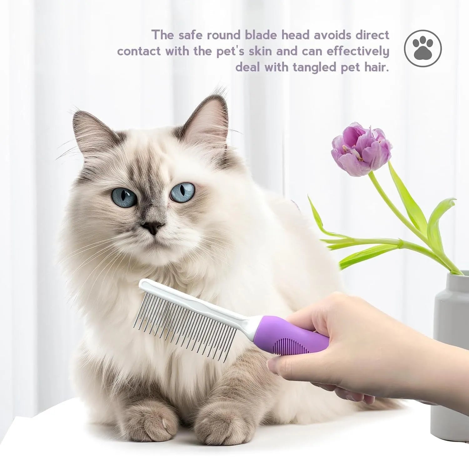 Purple pet grooming comb with stainless steel long and short teeth and an ergonomic handle.