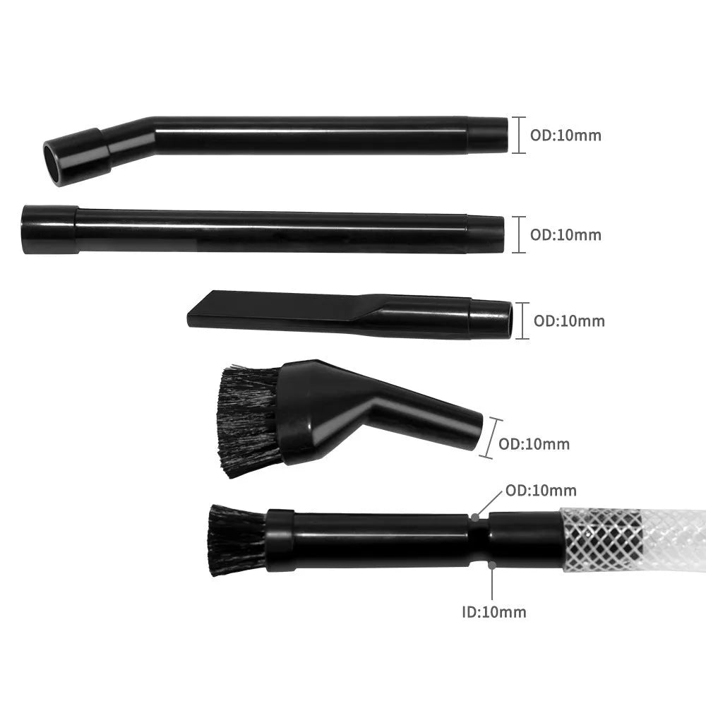 Eight-piece set of small vacuum cleaner suction heads for dust collection in compact areas.