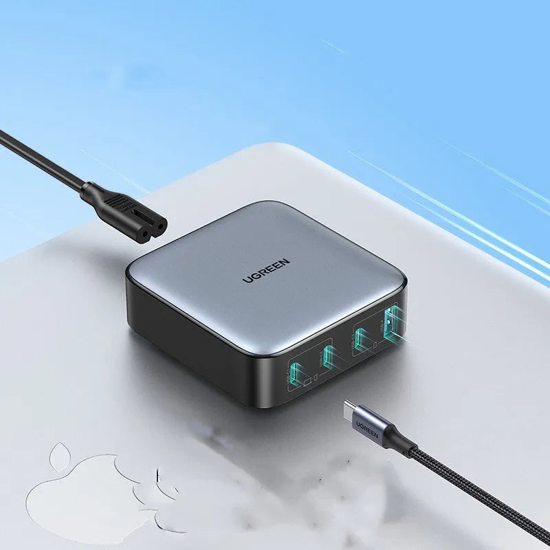 Compact 100W Gallium Nitride fast wall charger plug with multiple USB-C ports