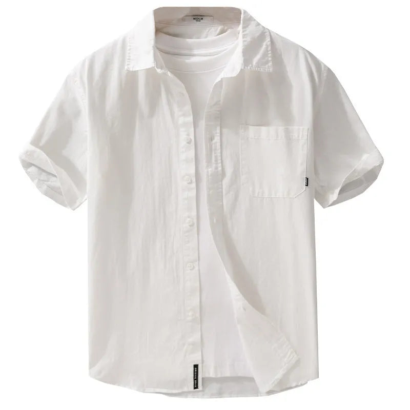 Men's loose fit cotton short sleeve shirt in cardigan style showing available colour options