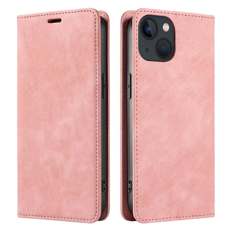Magnetic flip phone case for iPhone in leather and TPU, shown closed with secure magnetic clasp.