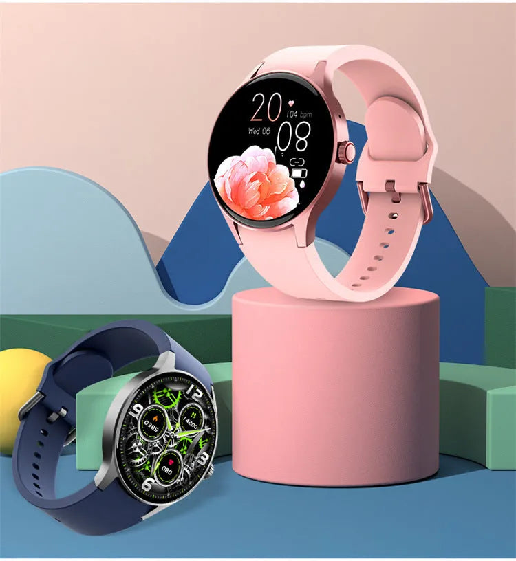 Black smart Bluetooth sport watch with a round touchscreen on a wrist, showing a fitness stats display.