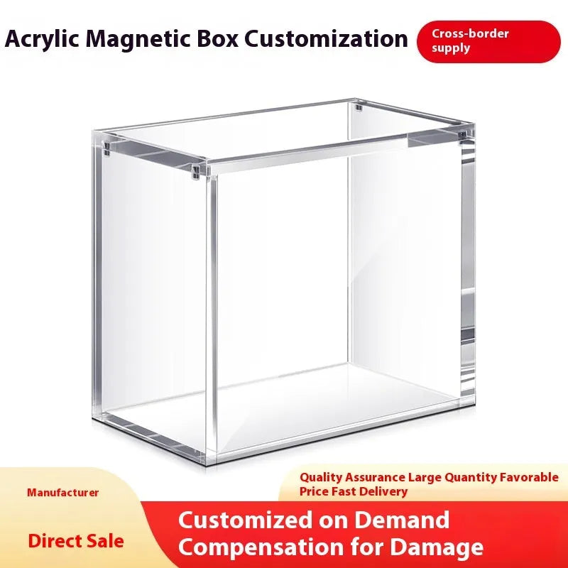 Transparent acrylic magnetic dustproof storage box with clear view, available in two sizes for display or storage