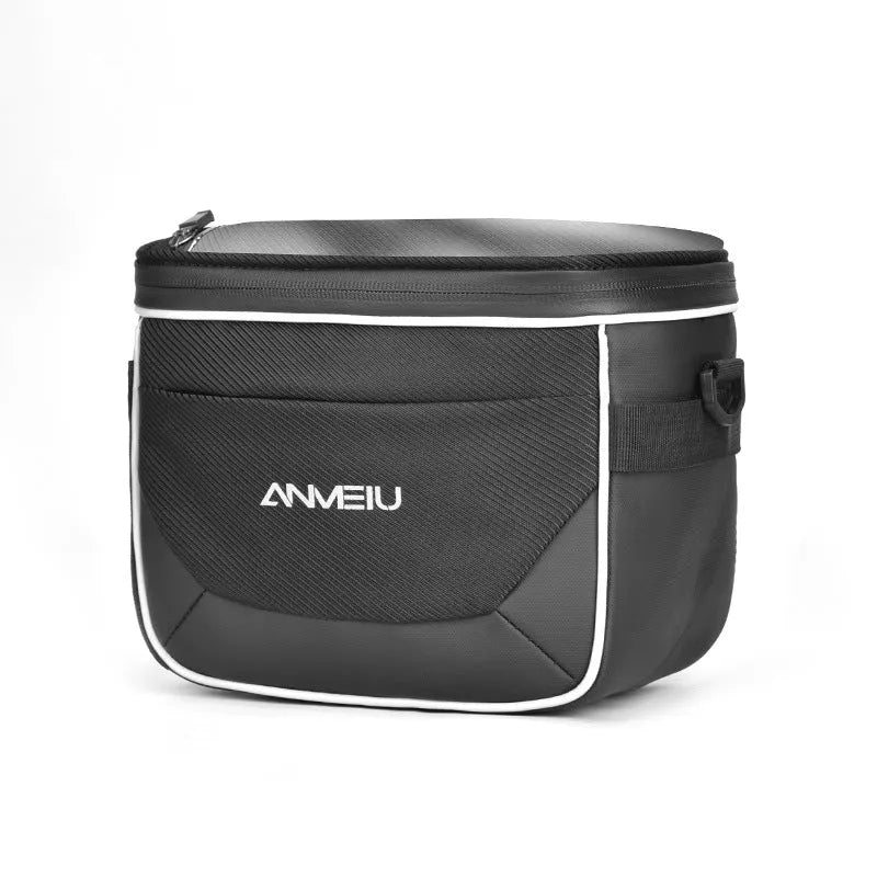 Black folding bicycle handlebar bag measuring 7 inches with hanging strap