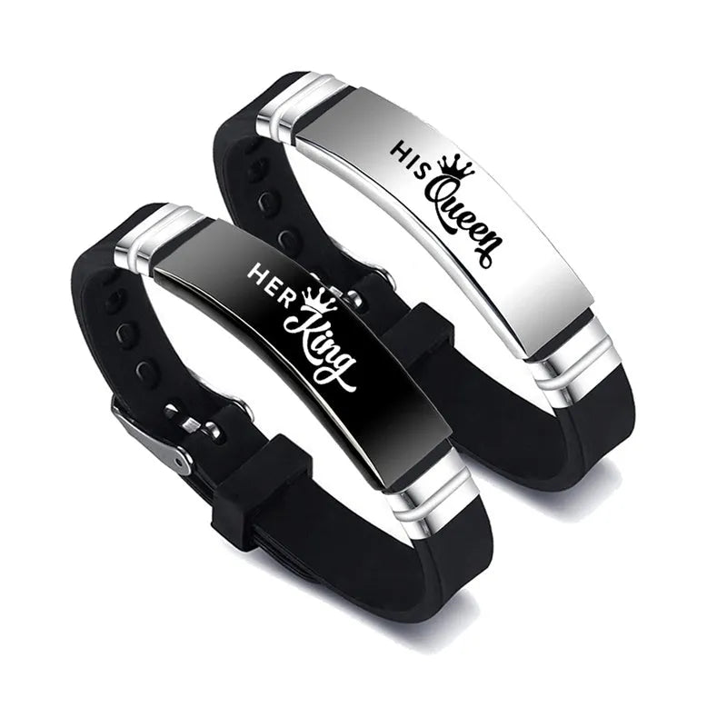 Black and silver his and hers couple bracelet set with stainless steel crown and letter charm on silicone strap