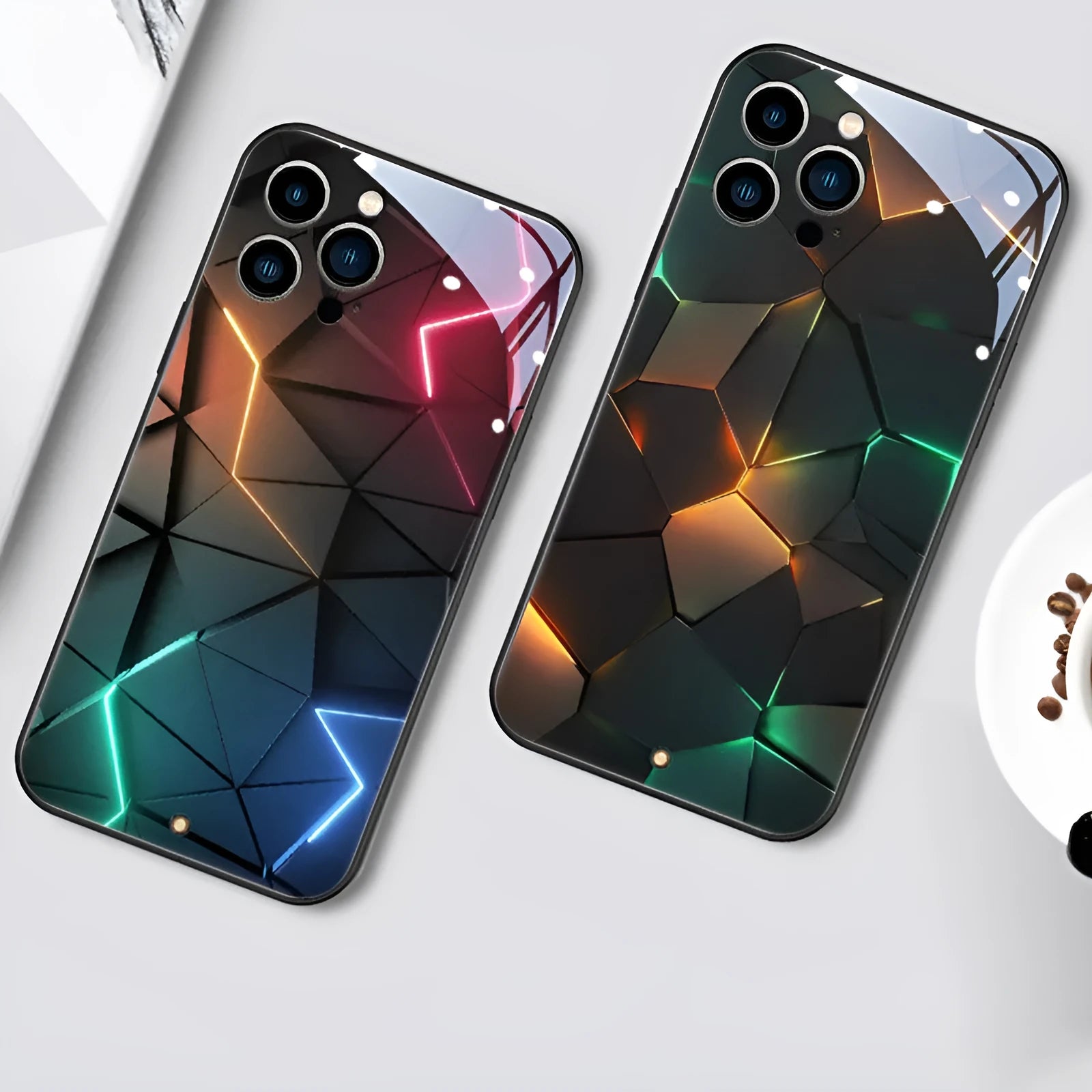 Xpress 14 clear tempered glass iPhone case with illuminated lightning diamond design on the back.
