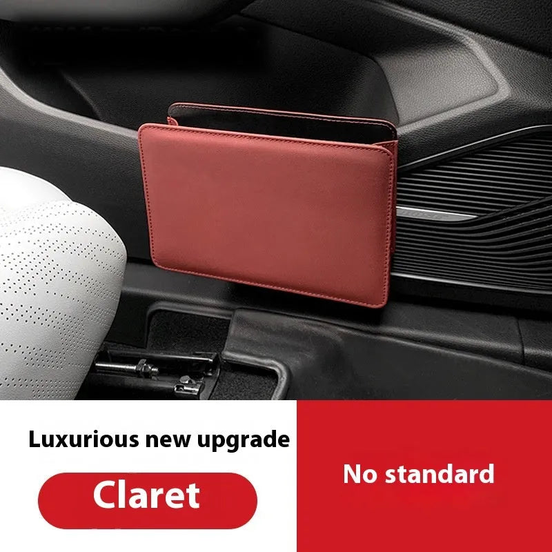 Leather car door container trash can in beige, showing compact size and hanging design for vehicle use