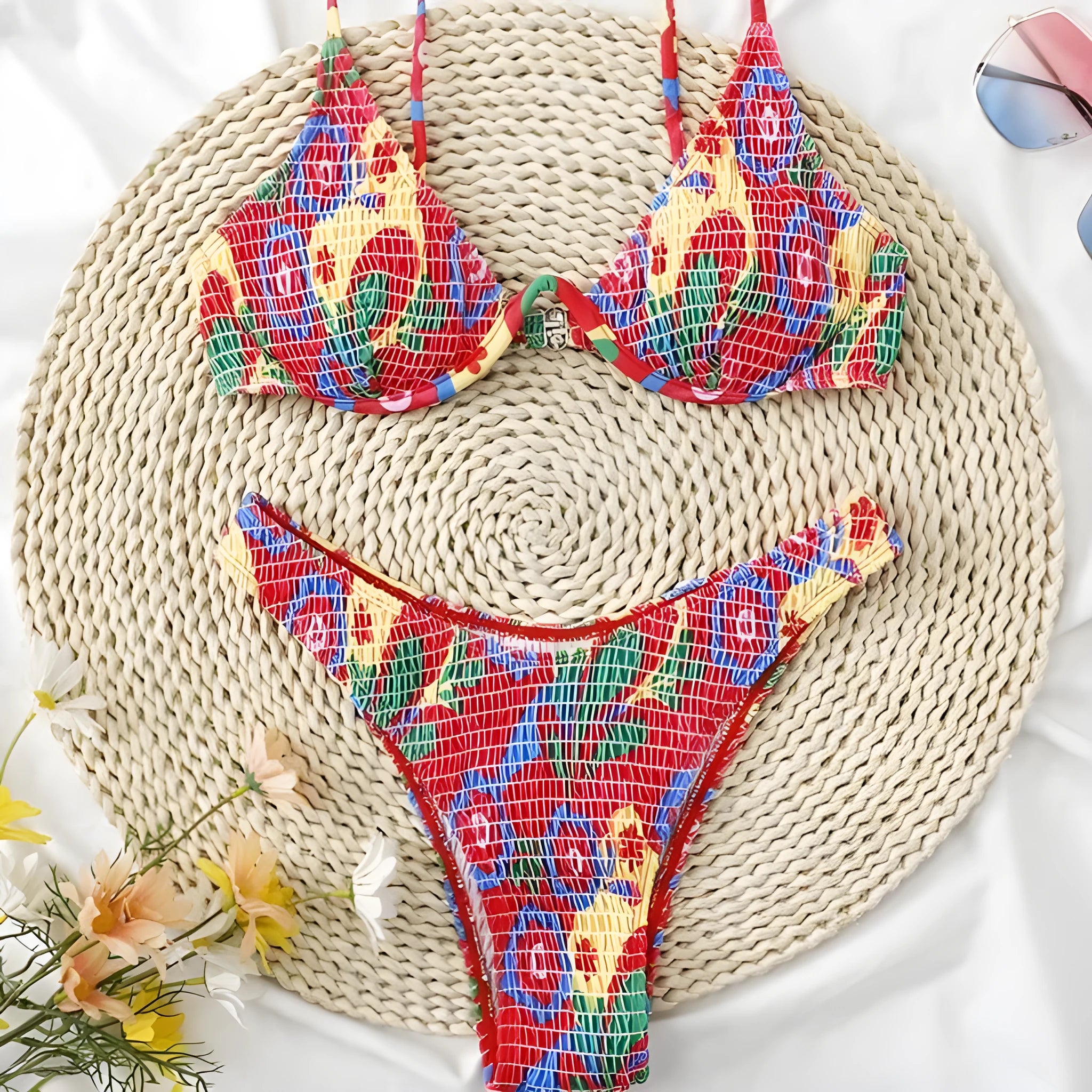 Red floral print women's underwire two-piece bikini swimsuit on a mannequin.