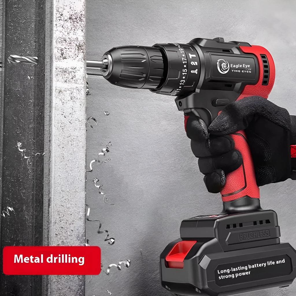 Brushless electric drill rechargeable 21V 400W with 10mm chuck and two batteries on a workbench