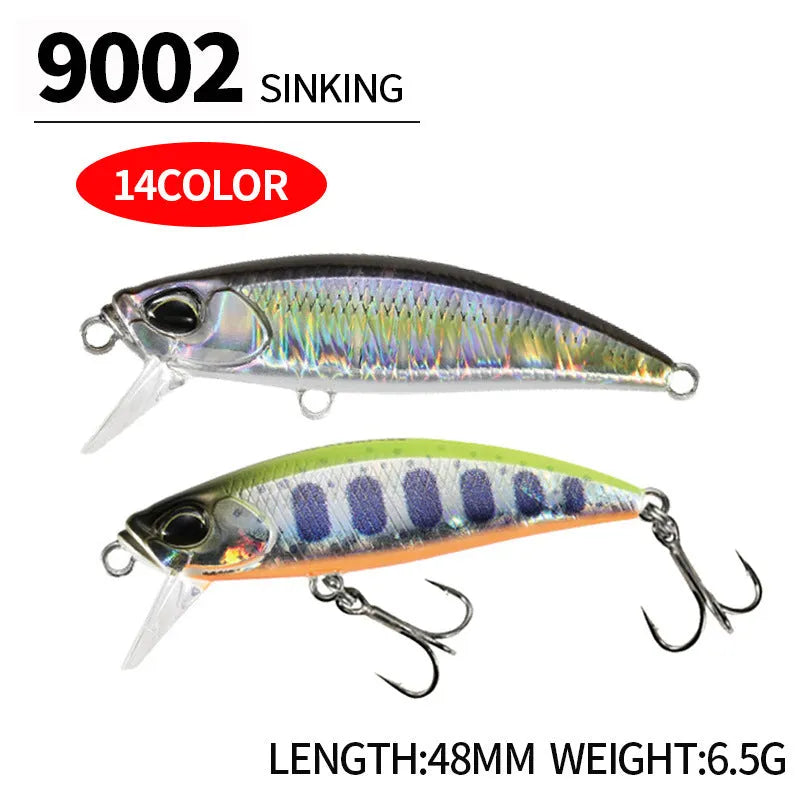 Tossing 48mm long, 6.5g sinking hard minnow fishing lure in multiple colour variations.