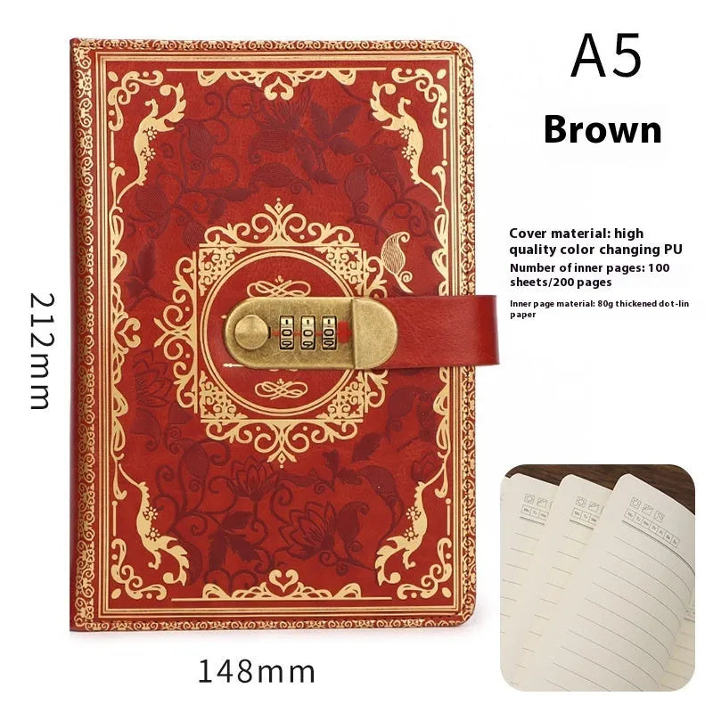 A5 password diary with lock, imitation leather cover, 80gsm wood-free paper, business office notebook