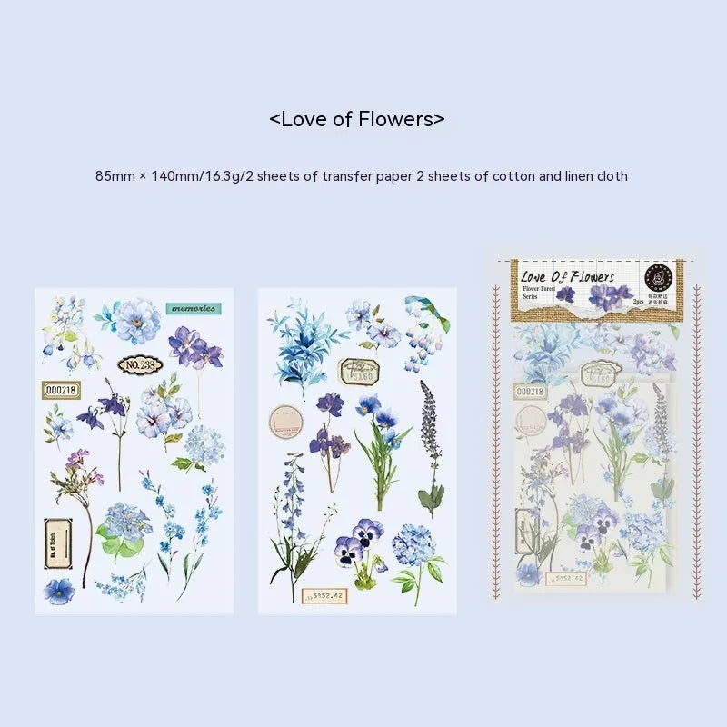 Huazhisen Series forest theme art sticker pack showing transfer paper and cotton linen sheets in literary style