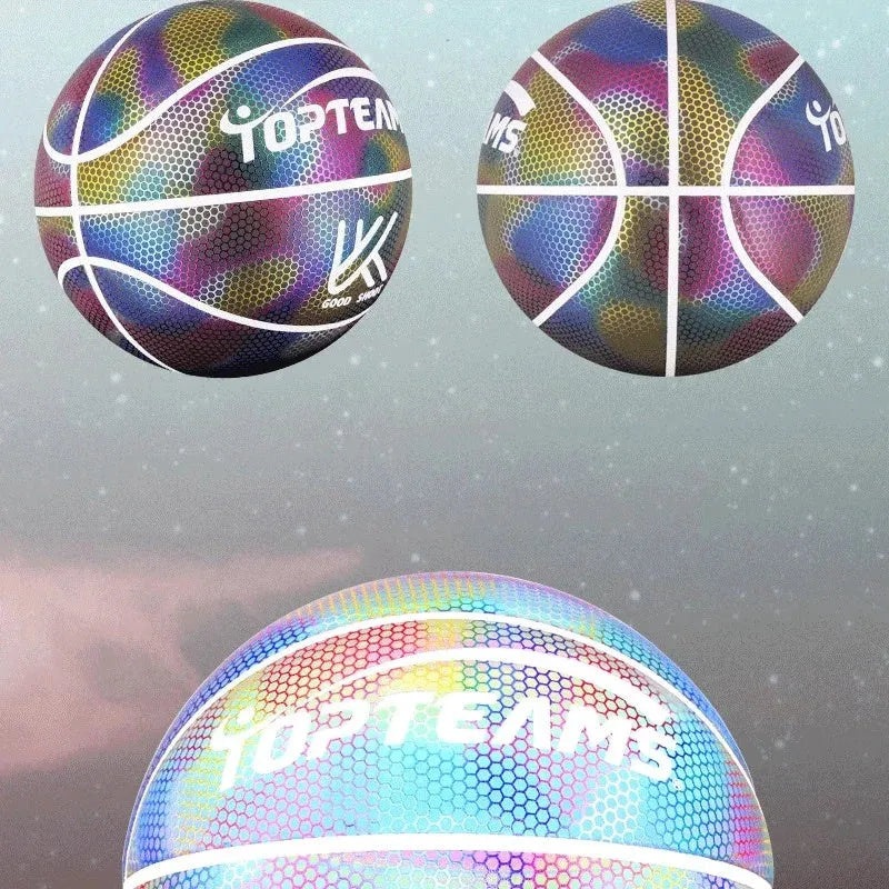 Size 7 holographic reflective PU basketball, 24.5cm diameter, in White Moonlight or Rainbow