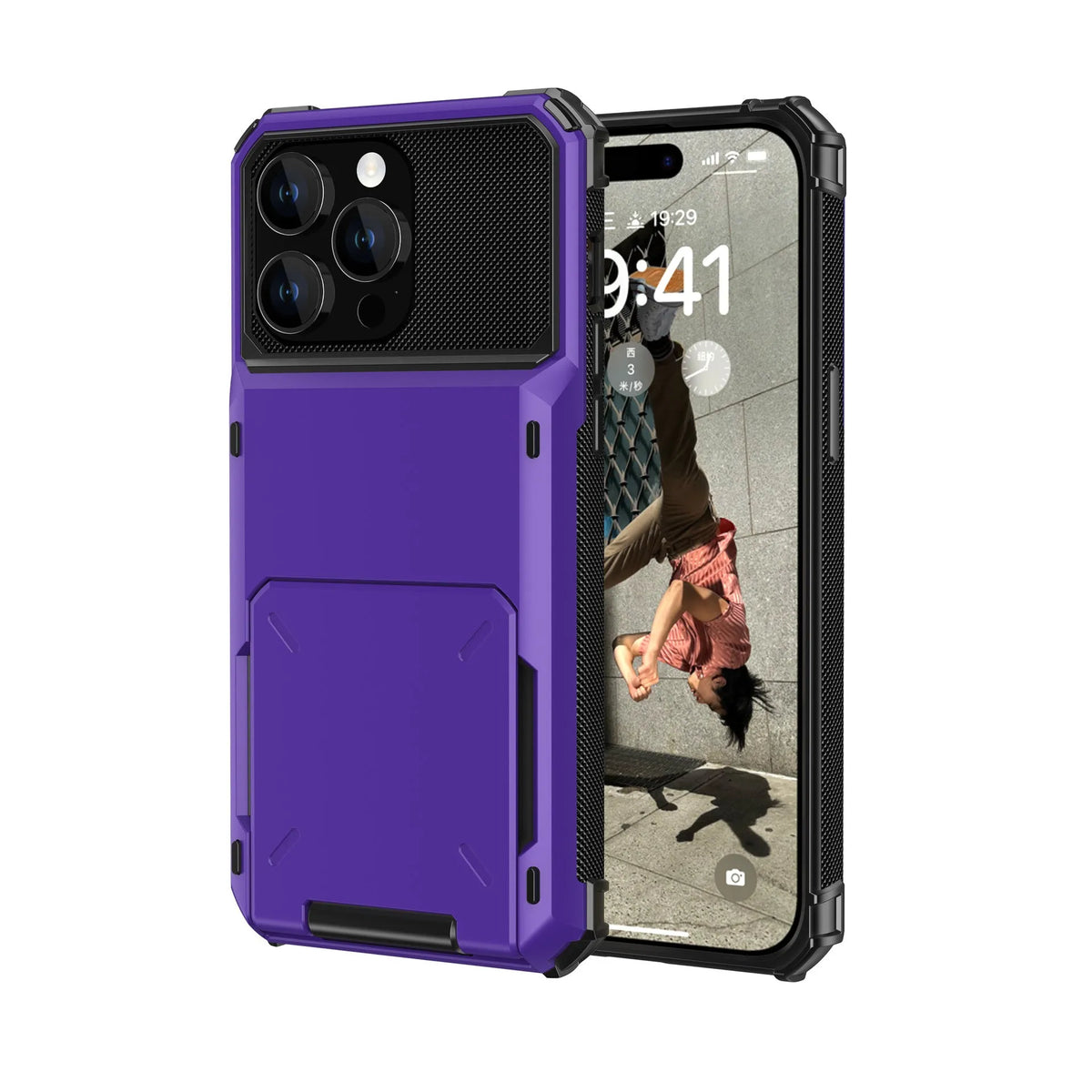 Fashion flip card phone case with PC hard shell in gray, showing card slot and iPhone compatibility