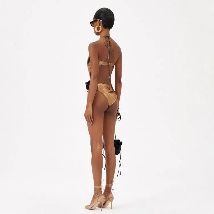 Gold handmade halter neck one-piece swimsuit with hollow-out design