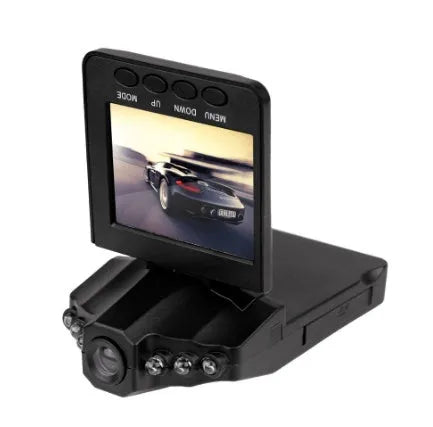 H198 car dash cam on a dashboard showing its 2.4-inch screen and infrared LEDs for night vision.