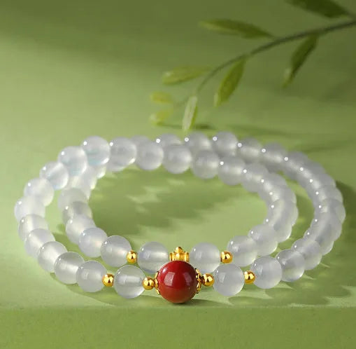 White agate double layer women's bracelet with jequirity bean cinnabar charm and geometric beads