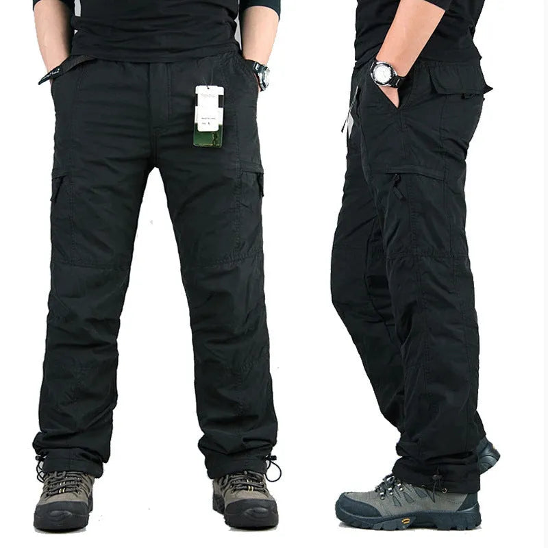 Men's thick khaki velvet overalls with a wool lining, showing loose straight-leg fit.
