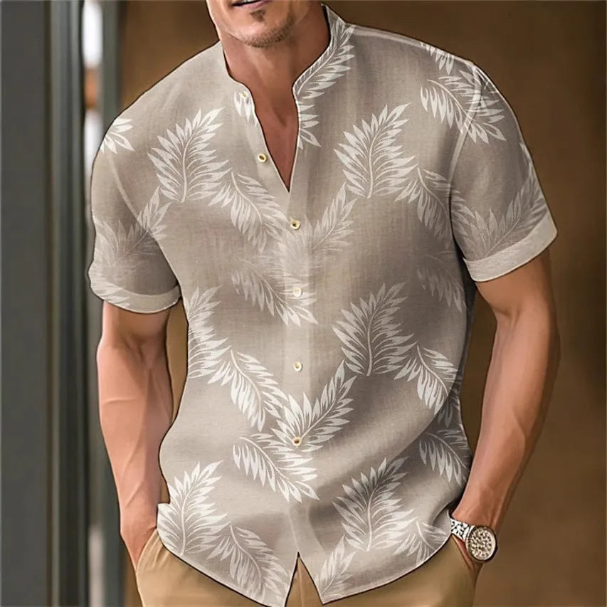 Men's casual printed polyester shirt shown in one of eight available colours.