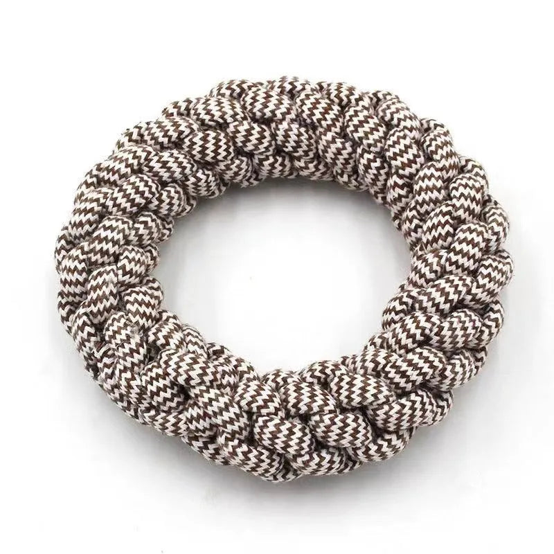 Cotton braided ring dog chew toy showing textured woven surface and approximate 18cm diameter