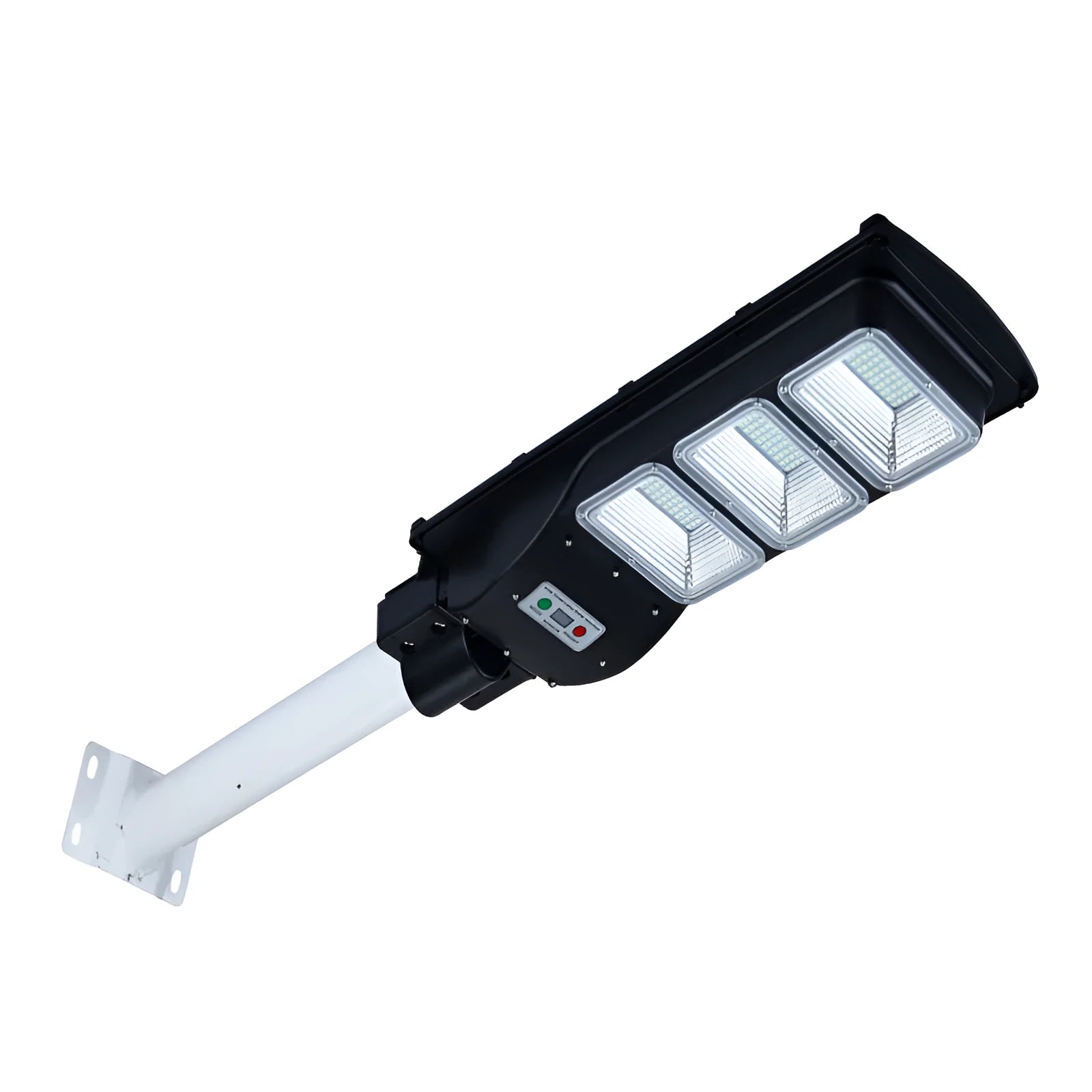 Integrated solar-powered 60W LED street light unit for outdoor installation.