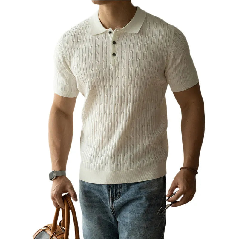 Men's khaki short-sleeve versatile top on a hanger, showing business casual style.