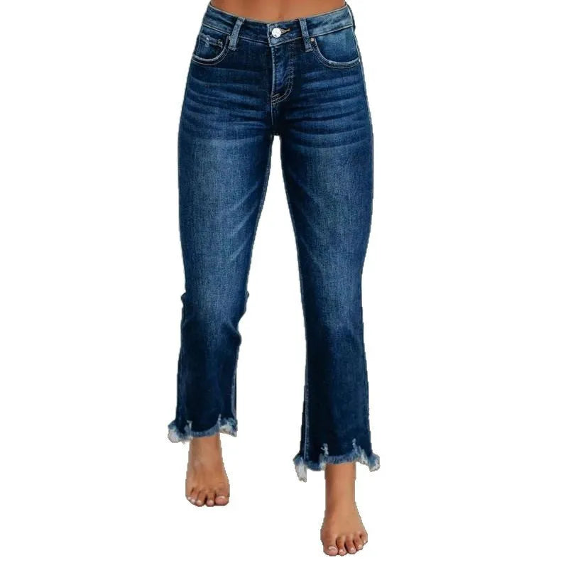 Women's solid colour denim trousers with hand-worn distressing in dark blue and light blue washes
