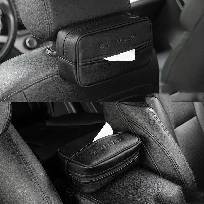 Black and beige PU leather car hanging storage box for organisation.