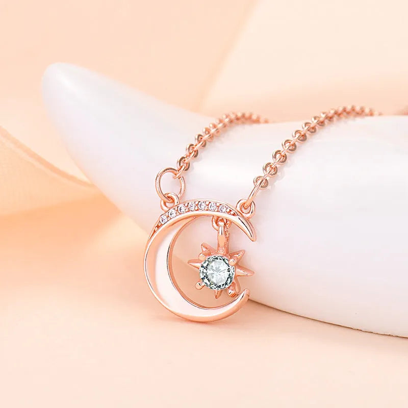 Star moon copper pendant necklace with mixed gem inlay and adjustable O-shaped chain