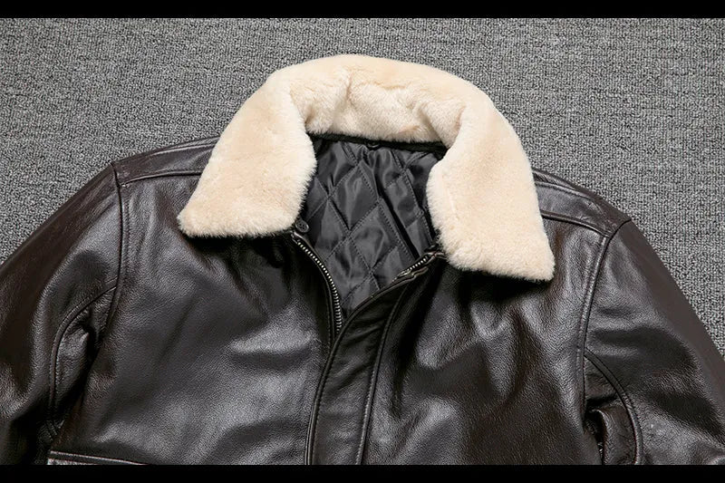 Pure first layer cowhide leather flight suit in black with slim fit, zipper front, and ribbed hem