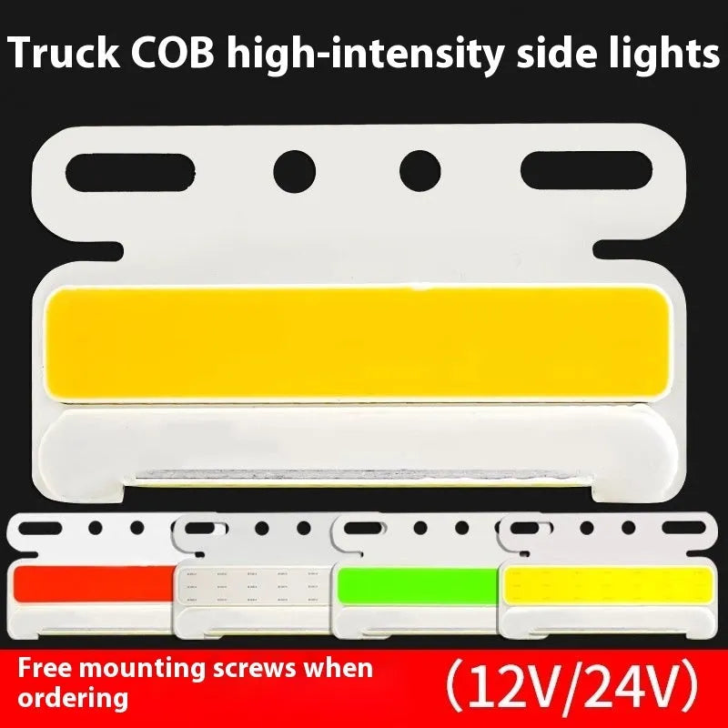 IP68 waterproof COB LED truck side light with aluminium alloy housing, shown in multiple colours.