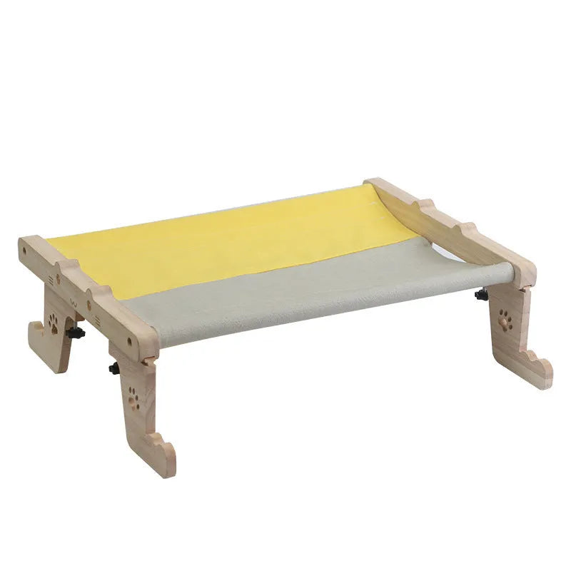 Wooden frame cat hanging hammock bed installed on a window, suitable for cats and small dogs.