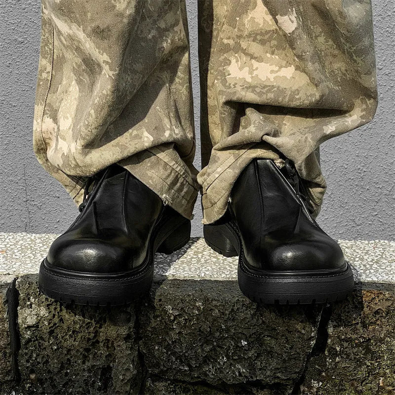 Black leather platform shoes with round warped head toe and height increasing insoles