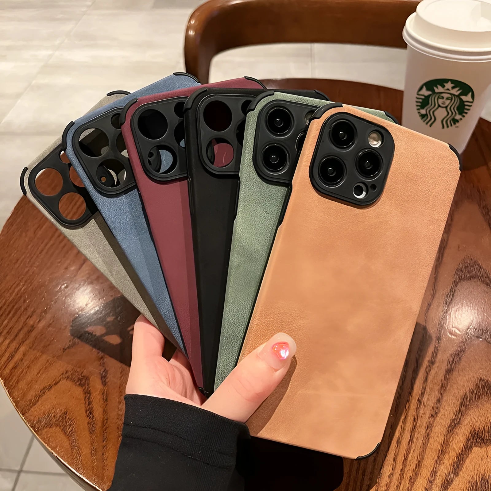 Simple solid colour imitation leather fur phone case for iPhone 15 series.