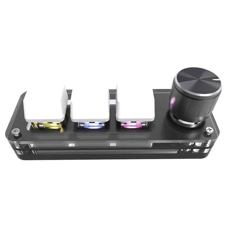 Black mechanical mini keyboard with RGB backlit copy and paste keys measuring 15cm wide