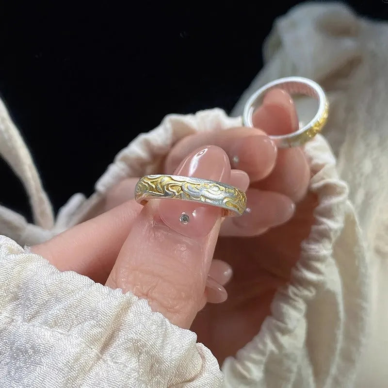 J14 Xiangyun pattern white copper adjustable ring with electroplated silver finish geometric fairy style jewellery