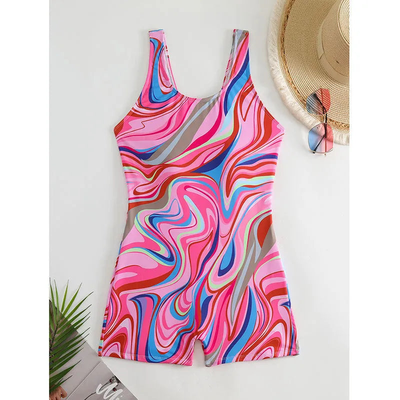 Women's printed high-waisted backless one-piece swimsuit in polyester, shown in multiple colour options.