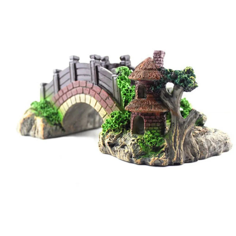 Resin black red arch bridge for fish tank landscaping decoration, 14.5cm length