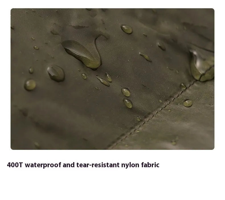 Ultralight mummy sleeping bag in army green colour with white duck down filler and water-repellent nylon fabric.