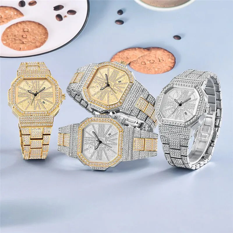 Full diamond square water diamond watch with alloy band and 46mm dial in gold finish