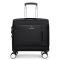 Black 18-inch Oxford cloth carry-on spinner suitcase with telescopic handle on airport carpet.