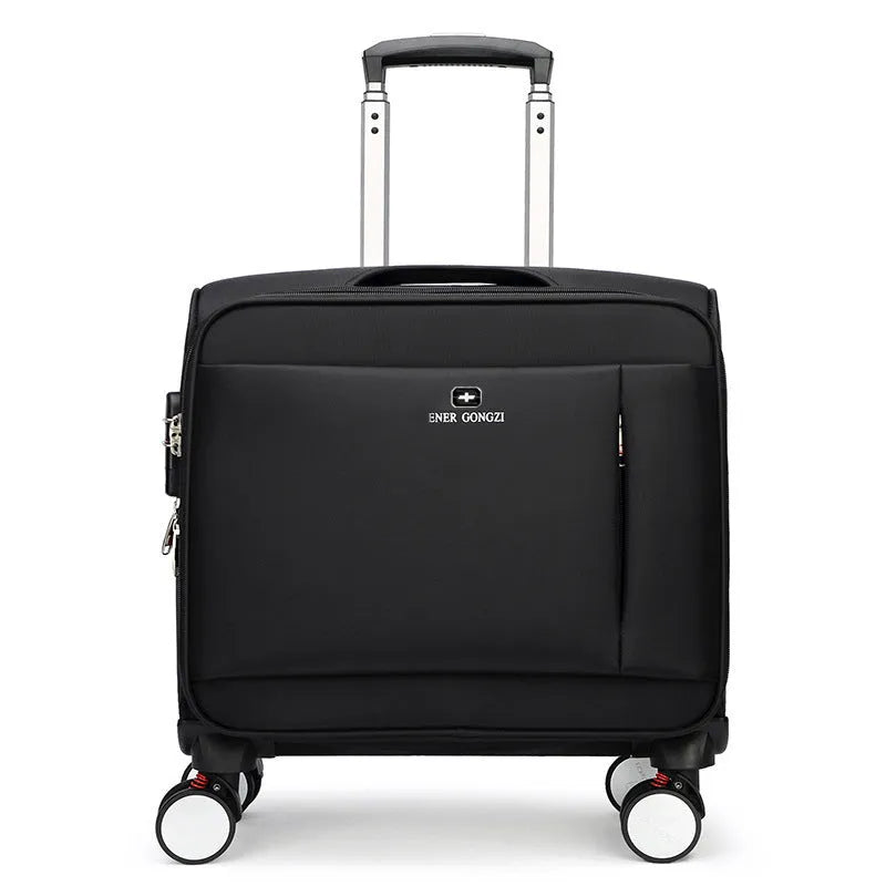 Black 18-inch Oxford cloth carry-on spinner suitcase with telescopic handle on airport carpet.