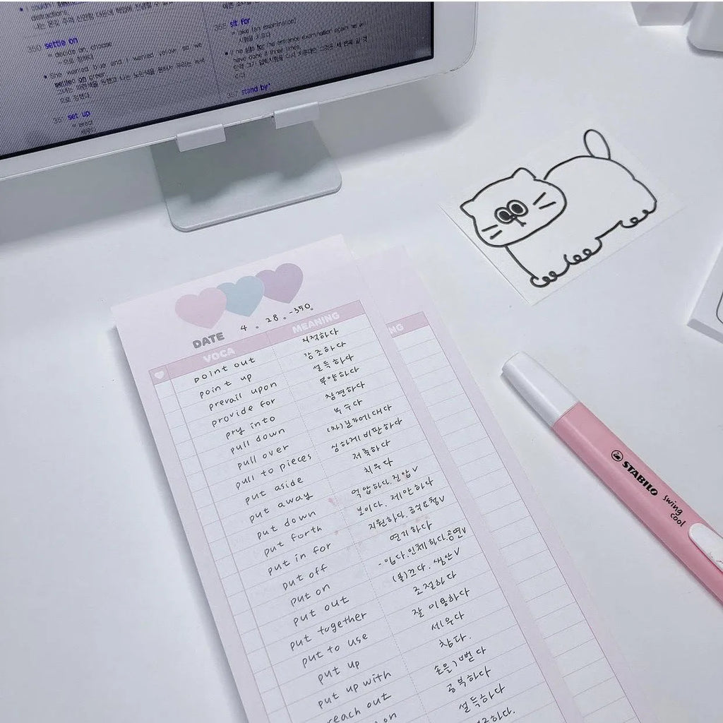Vertical B5 half-size notepad with English words printed on paper, shown in pink, purple, and blue cover colours.