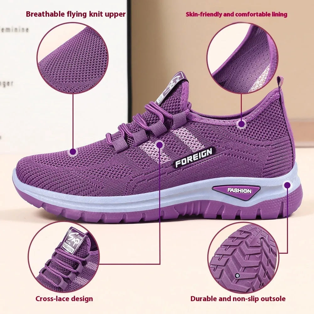 Low-top casual shoes with breathable mesh upper and flat PVC sole in black, grey, purple, or red.
