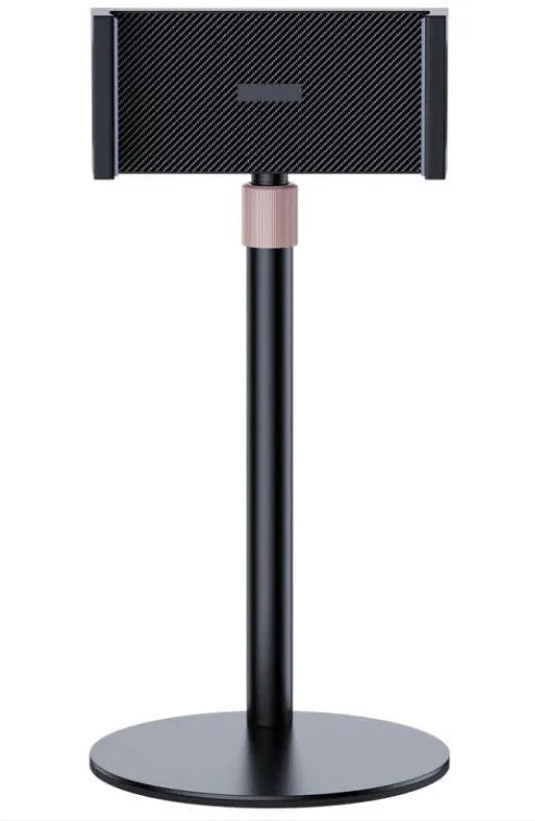 Black adjustable metal tablet bracket with telescopic arm extended, holding an 11 inch tablet.