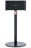 Black adjustable metal tablet bracket with telescopic arm extended, holding an 11 inch tablet.