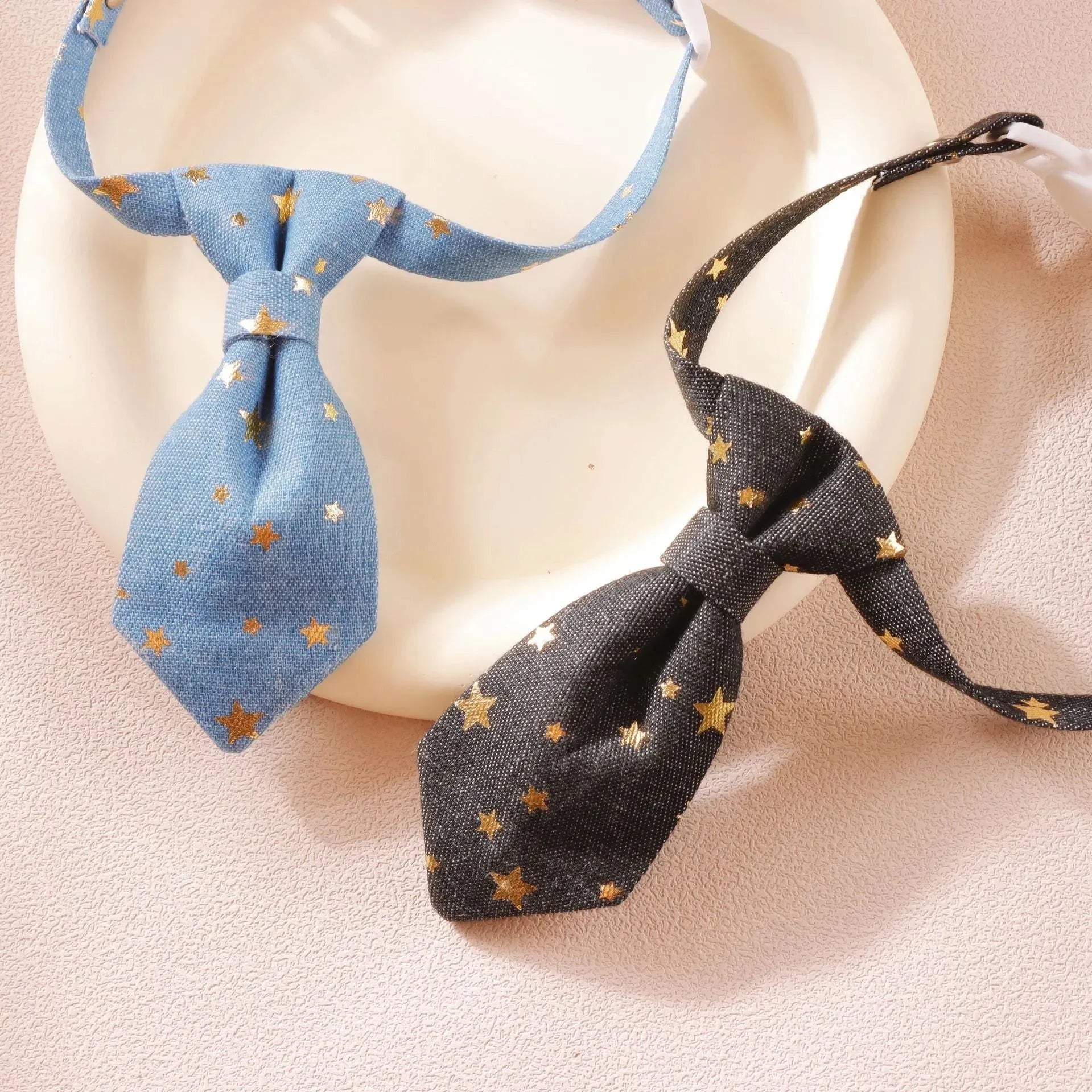 Designer dog collar with golden star decoration on adjustable strap, black colour, S size