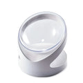 White elevated clear plastic cat food bowl with a tilted feeding surface for neck support.